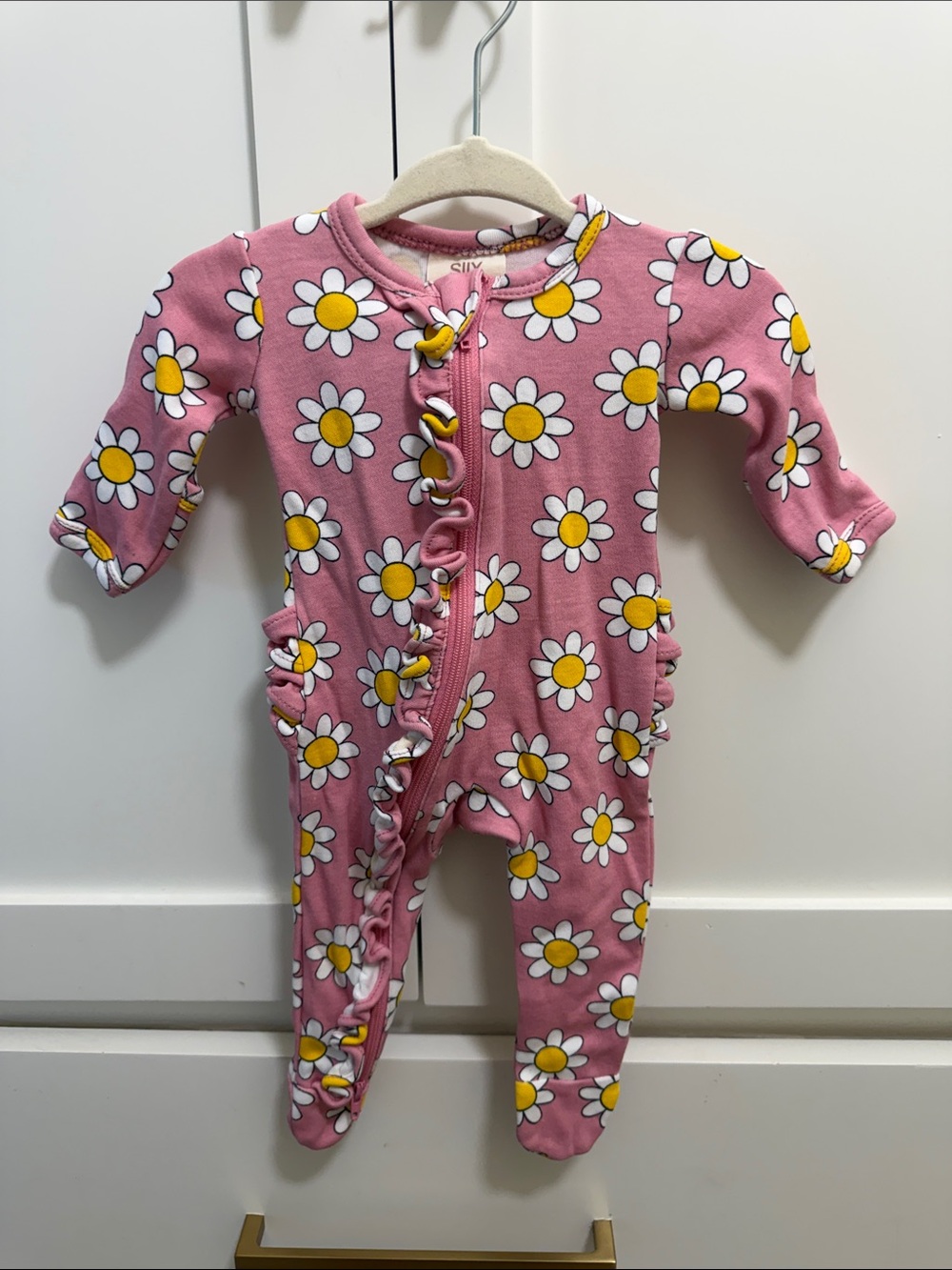Pink Daisy Ruffle Footed One-Piece Pajamas